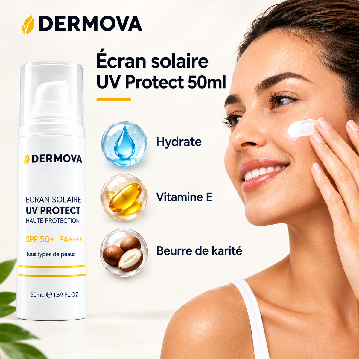Dermova Écran Solaire UV Protect SPF 50+ PA++++ – Haute Protection (50ml)